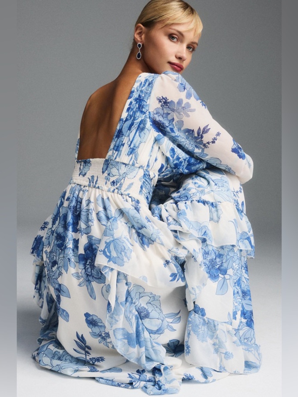 Bhldn white blue floral long sleeve chiffon maxi dress - Picture 3 of 9